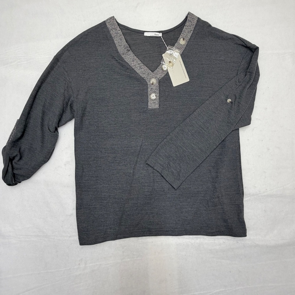 Messic Womens Charcoal Grey V-Neck Roll Tab Sleeve Henley Knit Top Size Medium‎